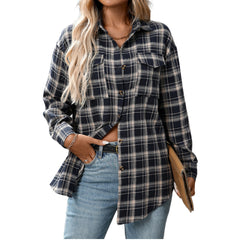 Casual Fashion Loose Plaid Pocket Shirt For Women - kinko