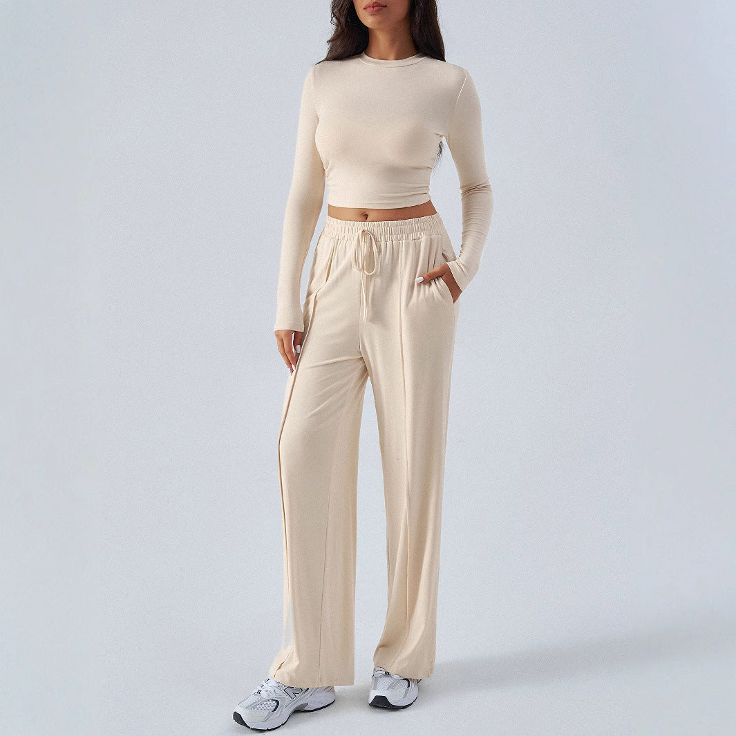 Tether Solid Color Waist Tight Fashion Wide Leg Casual Trousers Suit - kinko