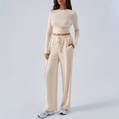 Tether Solid Color Waist Tight Fashion Wide Leg Casual Trousers Suit - kinko