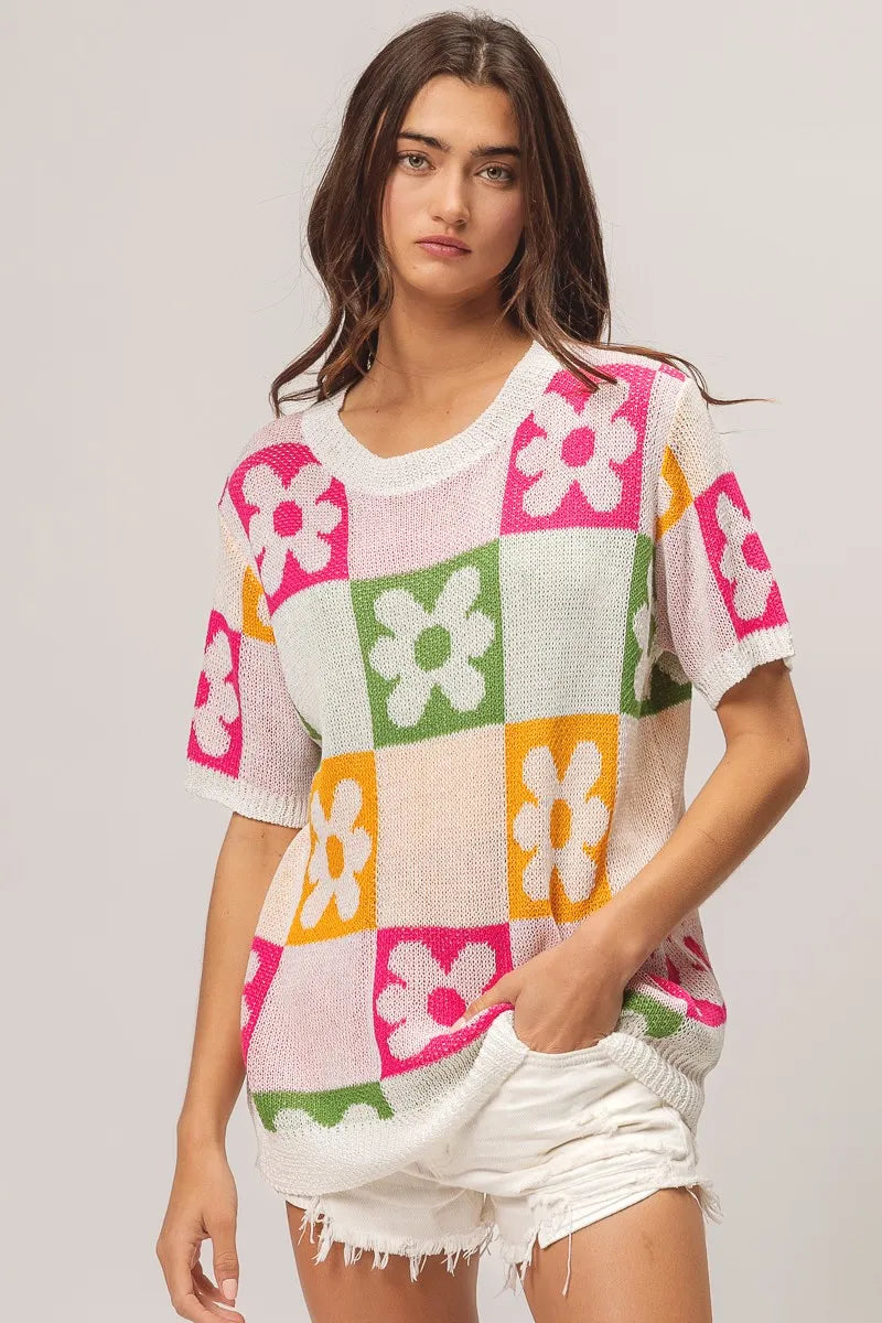 BiBi Flower Checker Pattern Lightweight Sweater Top - kinko