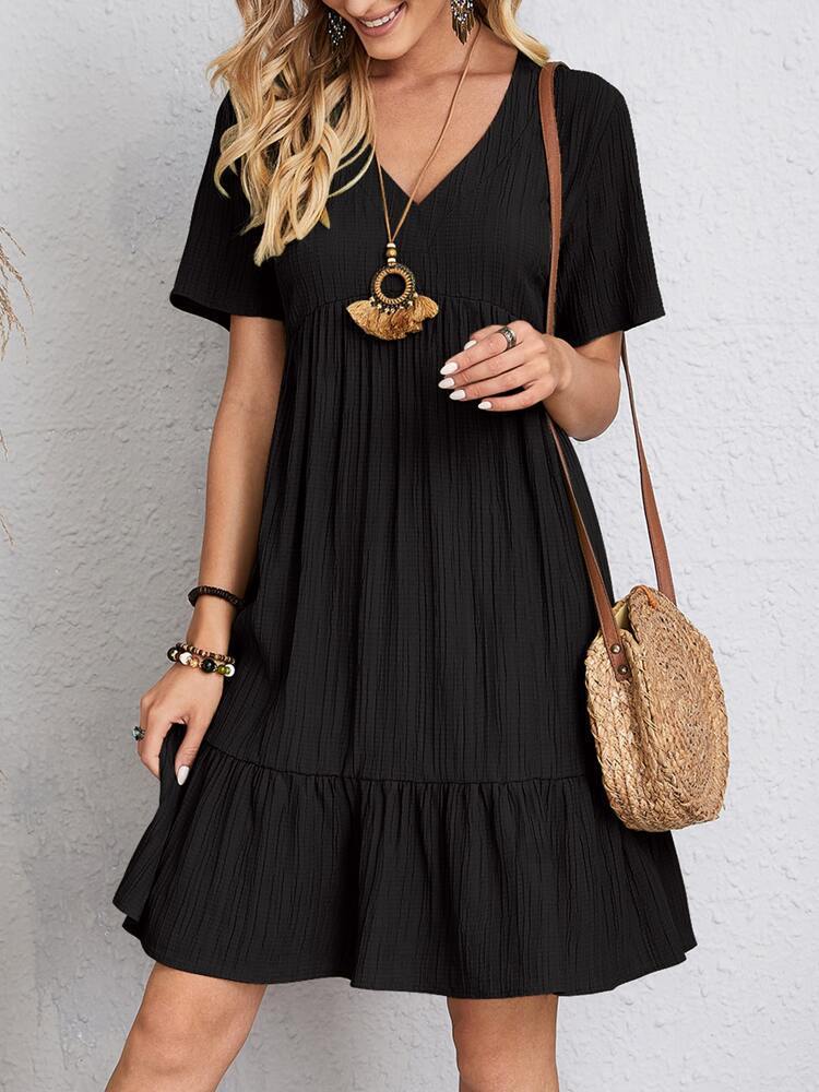 V-neck Short Sleeve Dress Summer Fashion Casual Loose Ruffled Dresses Beach Clothing Women - kinko