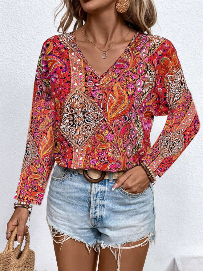 Printed V-neck Long Sleeve Shirt Women's Clothing - kinko