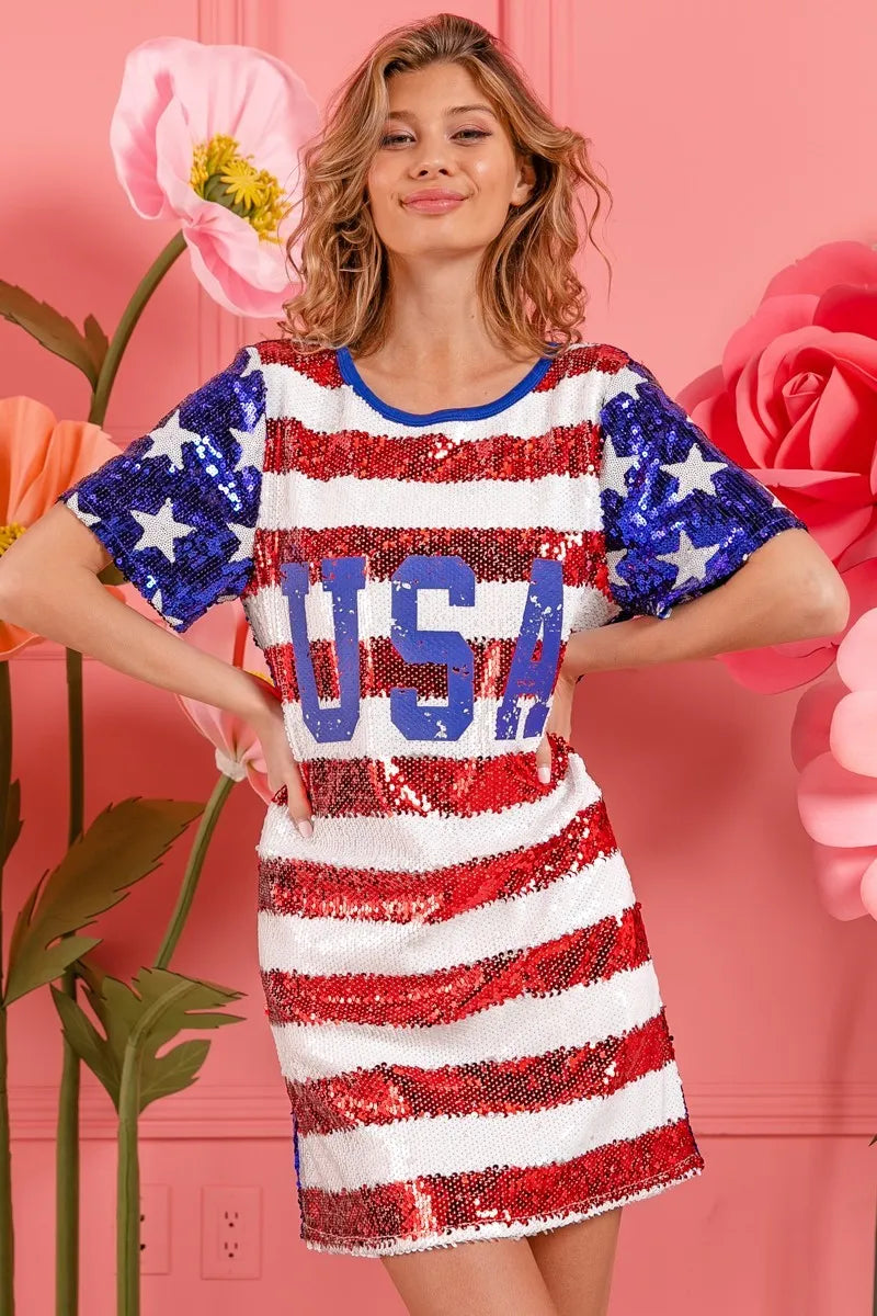 BiBi American Flag Theme Usa Print Sequin Dress - kinko