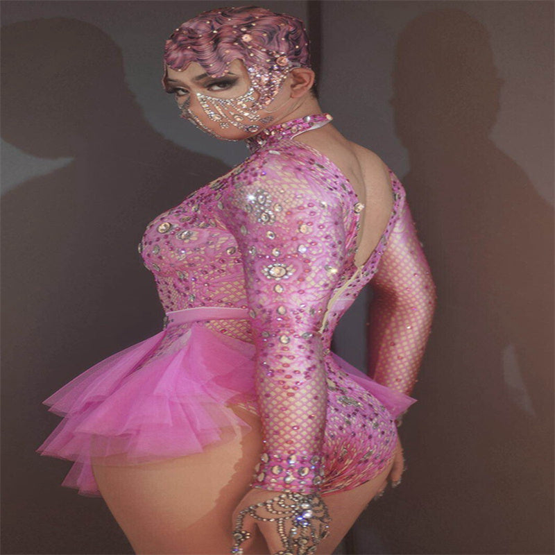 Dance Sexy Shiny Rhinestone Mesh Jumpsuit Stage Performance Costume Women - kinko