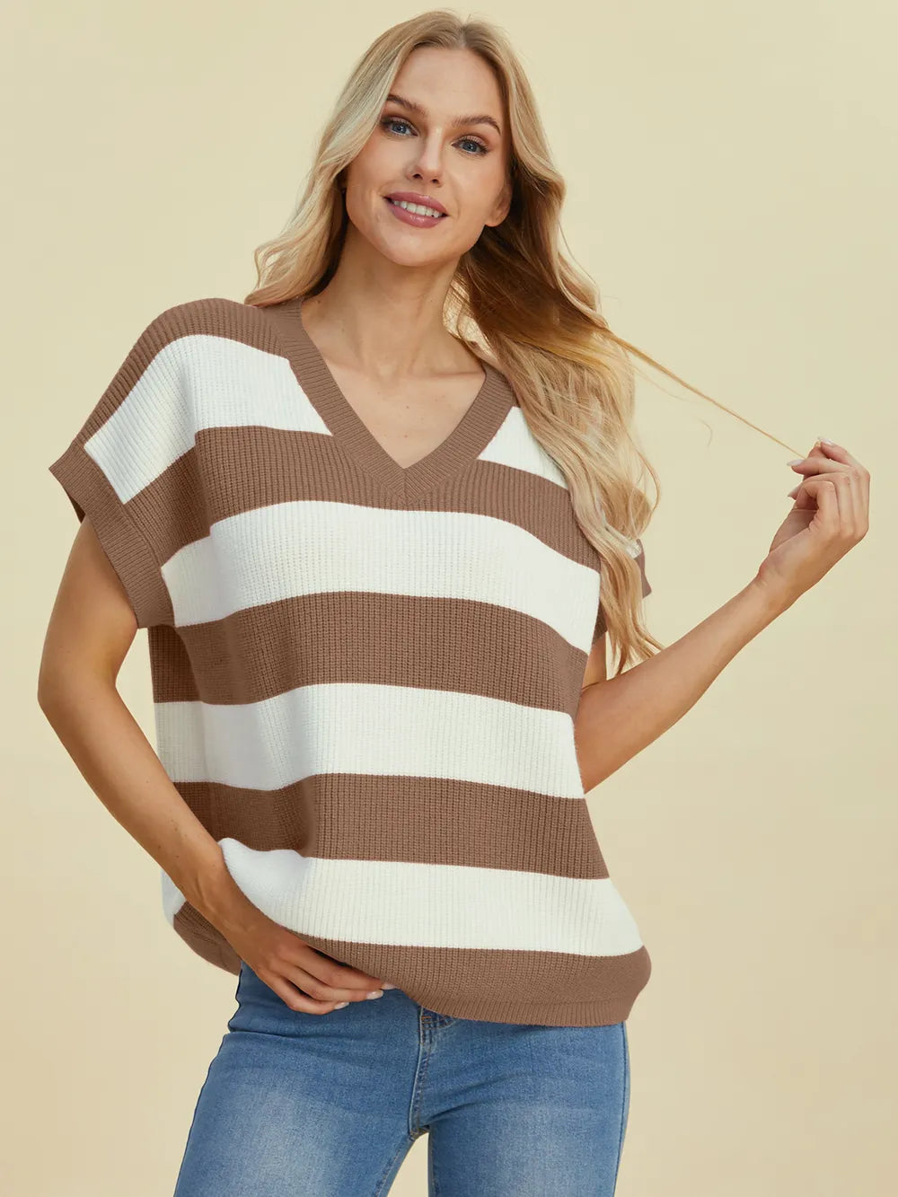 Double Take Full Size Striped V-Neck Short Sleeve Sweater - kinko