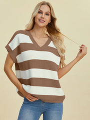 Double Take Full Size Striped V-Neck Short Sleeve Sweater - kinko