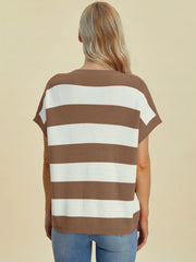 Double Take Full Size Striped V-Neck Short Sleeve Sweater - kinko