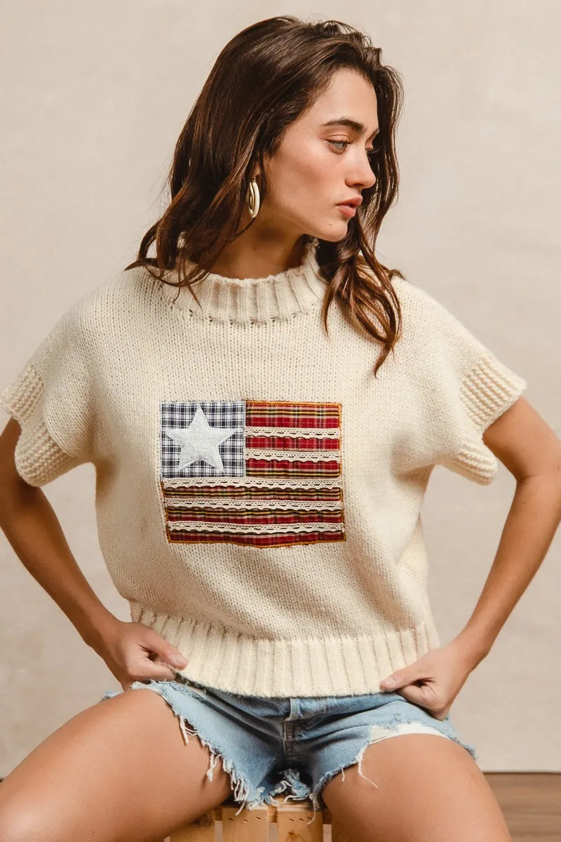 BiBi American Flag Patchwork Drop Shoulder Sweater - kinko