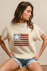 BiBi American Flag Patchwork Drop Shoulder Sweater - kinko