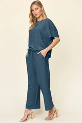 Double Take Full Size Texture Short Sleeve Top and Pants Set - kinko