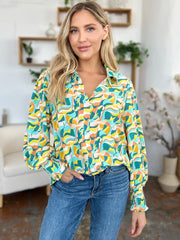 Double Take Full Size Printed Smocked Long Sleeve Blouse - kinko