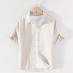 Men's Linen Short-sleeved Shirt Square Collar Casual Cotton And Linen - kinko