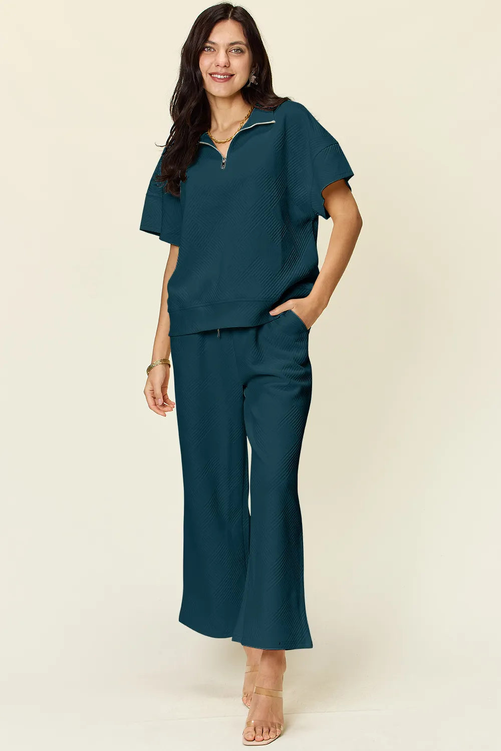 Double Take Full Size Texture Half Zip Short Sleeve Top and Pants Set - kinko