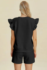 Double Take Full Size Texture Round Neck Ruffle Sleeve Top and Shorts Set - kinko