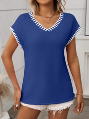 Contrast Trim V-Neck Short Sleeve Knit Top - kinko
