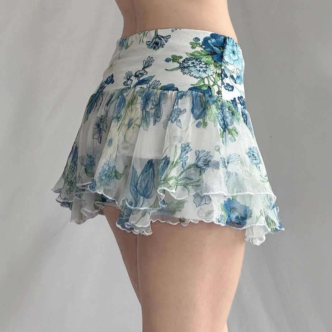 American Street Style Mesh Floral Print Irregular Skirt - kinko