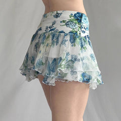 American Street Style Mesh Floral Print Irregular Skirt - kinko