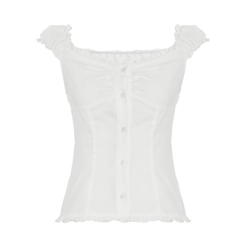 Sweet Slim Fit U-shaped French Wooden Ear Lace-collared Blouse - kinko