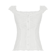 Sweet Slim Fit U-shaped French Wooden Ear Lace-collared Blouse - kinko
