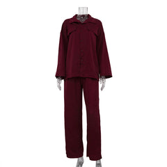 Lapel Long Sleeve Loose Shirt High Waist Trousers Two-piece Set - kinko