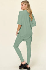 Double Take Full Size Round Neck Dropped Shoulder T-Shirt and Leggings Set - kinko