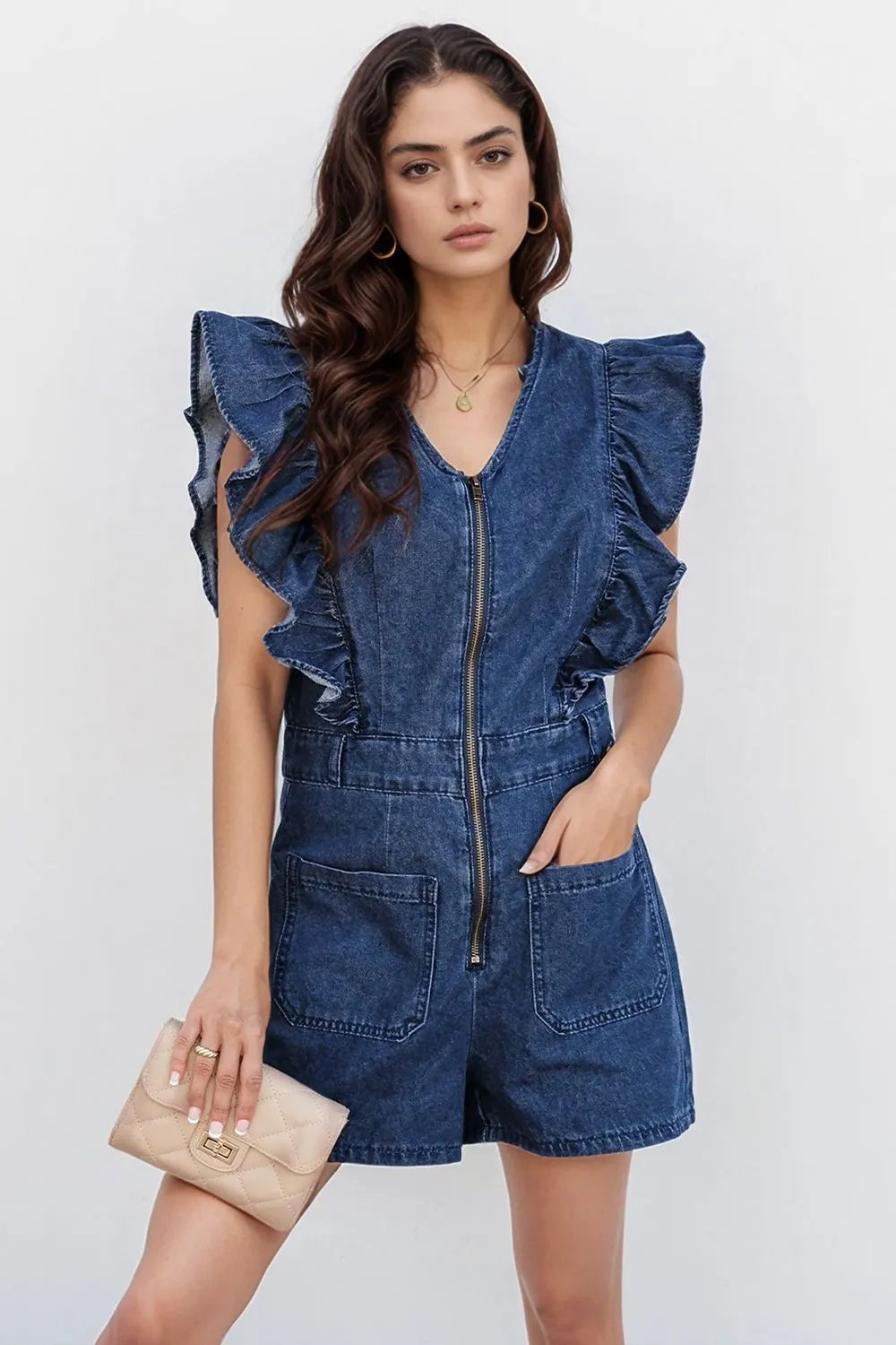 Denim Ruffled Zipped Front Belted Romper - kinko