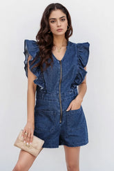 Denim Ruffled Zipped Front Belted Romper - kinko