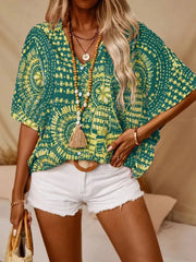 Printed V-Neck Half Sleeve Top - kinko