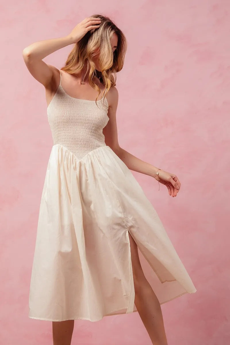 SO ME Smocked Sleeveless Casual Everyday Dress With Slit - kinko