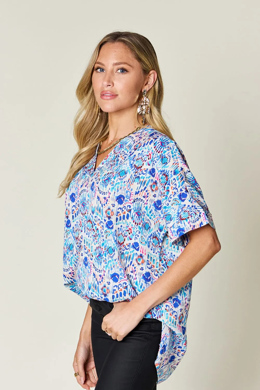 Double Take Full Size Printed V-Neck Short Sleeve Blouse - kinko