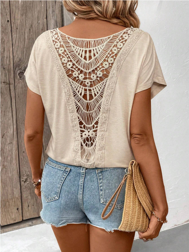 Lace Patchwork Short-sleeved T-shirt Women's Clothing - kinko