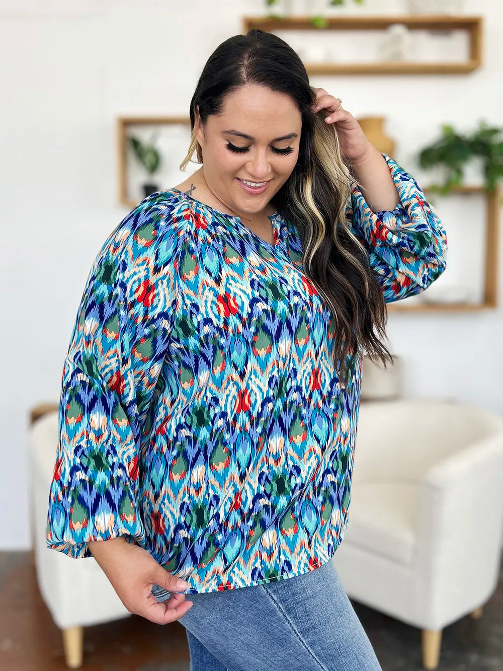 Double Take Full Size Printed Balloon Sleeve Blouse - kinko