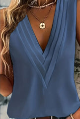 Ruched V Neck Blouse, Casual Sleeveless Solid Versatile Blouse, Women's Clothing - kinko