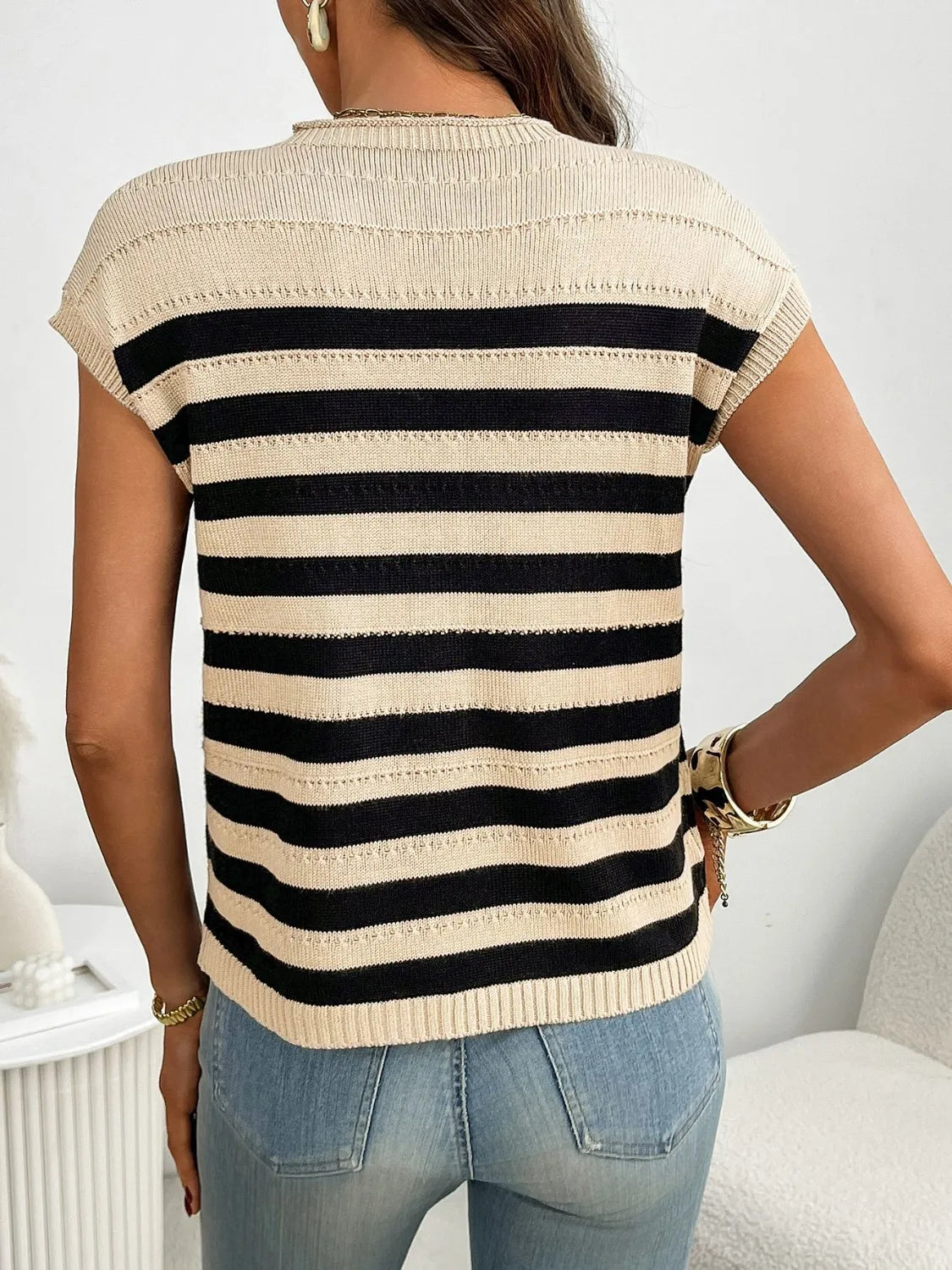 Striped Mock Neck Cap Sleeve Knit Top - kinko