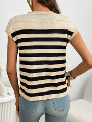 Striped Mock Neck Cap Sleeve Knit Top - kinko