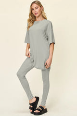 Double Take Full Size Round Neck Dropped Shoulder T-Shirt and Leggings Set - kinko