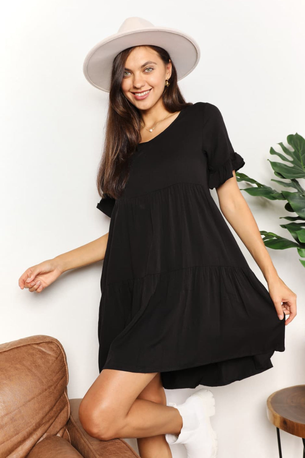 Mandy V-Neck Flounce Sleeve Tiered Dress - kinko