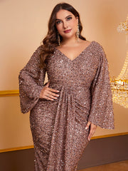 Women's Sequin Long Sleeved V-neck Pleated Dress - kinko