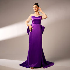 Long Sleeve Round Neck Party Beaded Big Bow Evening Dress - kinko