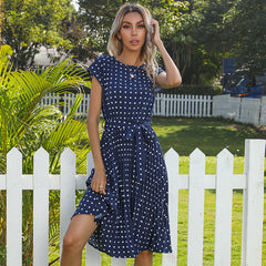 Summer Women Polka Dot Short Sleeve Dress Casual Bandage Party Pleated Midi Dresses Elegant Green Office Lady Clothing - kinko