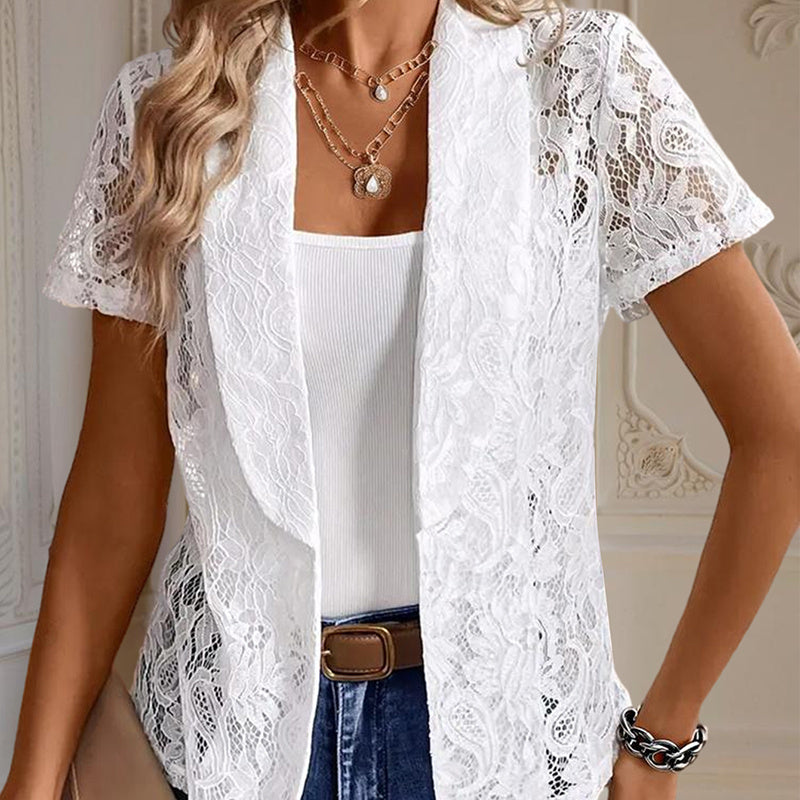 Elegant Solid Color Women's Lace Cardigan - Stylish Breathable Slim-Fit Spring&Summer Blouse With Floral Lace Detail - kinko