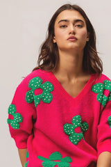 BiBi Pearl Beads Flowers Sweater Top - kinko