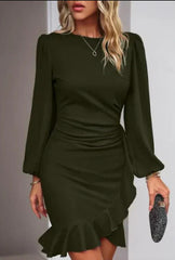 Women's Puff Long Sleeve Dresses Fashion Graceful Solid Color Slim Hip-covering Short Dress Womens Clothing - kinko