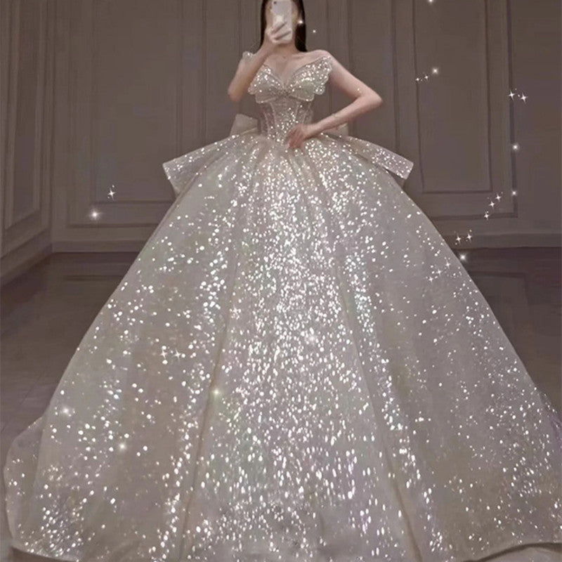 One-shoulder High-quality Long Trailing Heavy Industry Retro Wedding Dress - kinko