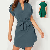 V-neck Short Sleeve Dress With Belt Summer Fashion Bowknot Dresses For Women Clothing - kinko
