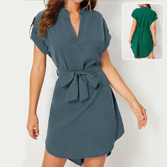 V-neck Short Sleeve Dress With Belt Summer Fashion Bowknot Dresses For Women Clothing - kinko