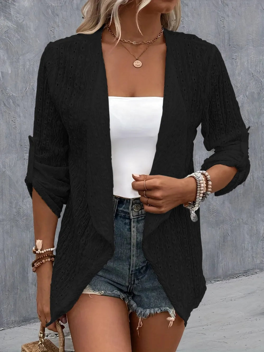 Eyelet Roll-Tab Sleeve Cardigan - kinko