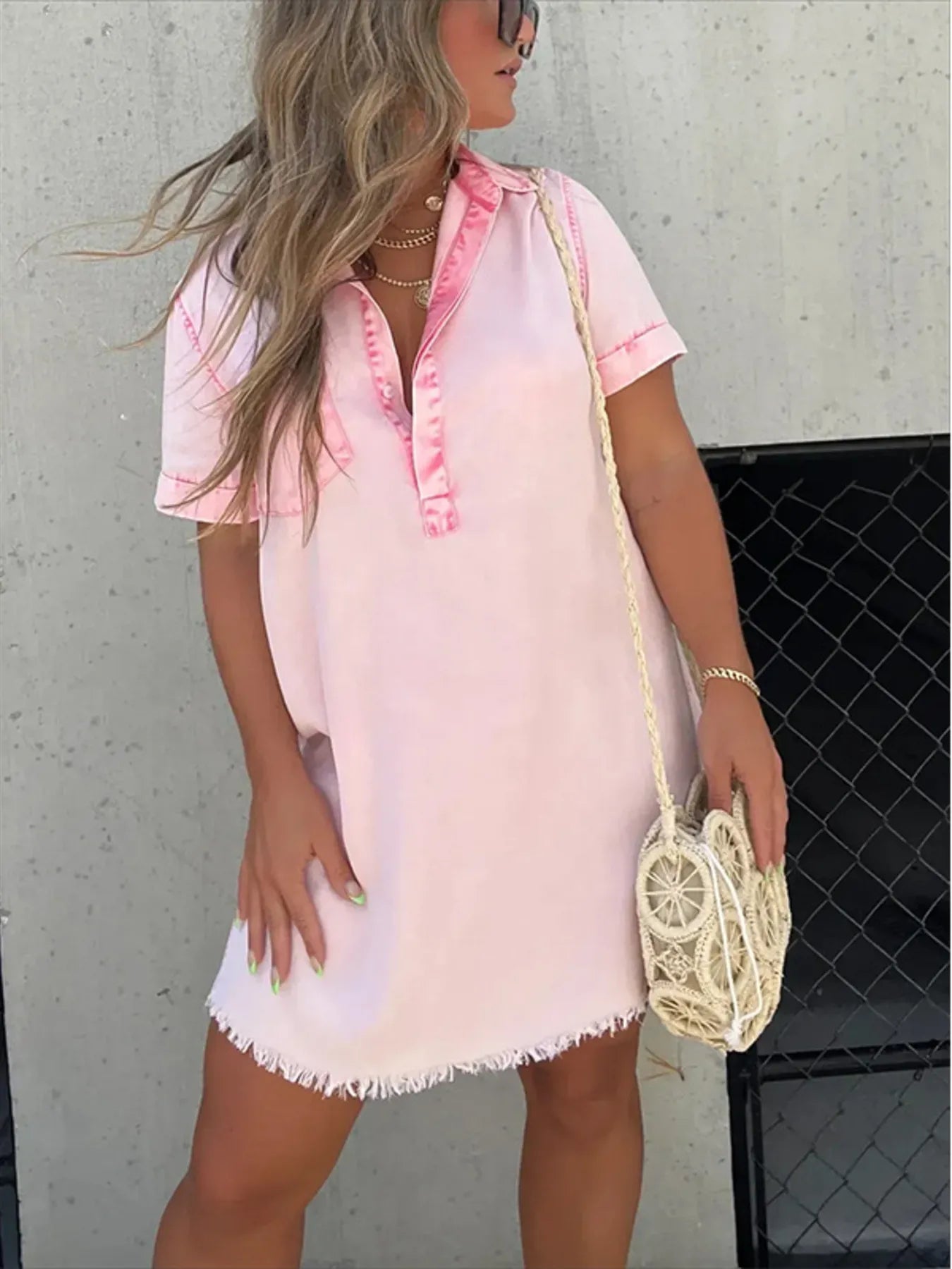 Full Size Raw Hem Short Sleeve Denim Dress Plus Size - kinko