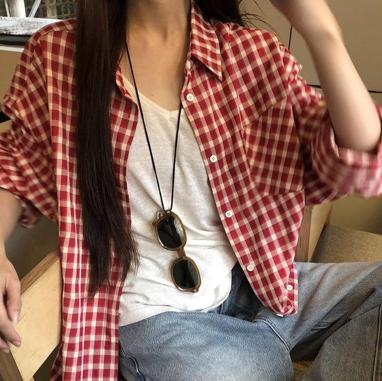 Red Plaid Shirt Cardigan Women's Long Sleeve Jacket - kinko