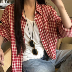 Red Plaid Shirt Cardigan Women's Long Sleeve Jacket - kinko